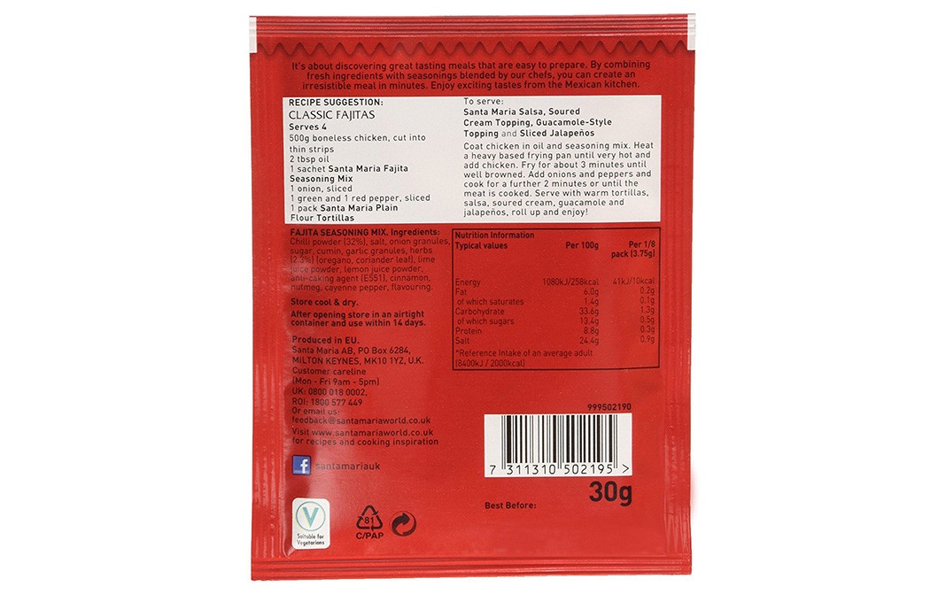 Mexican Santa Maria Fajita Seasoning Mix - Medium   Pack  30 grams